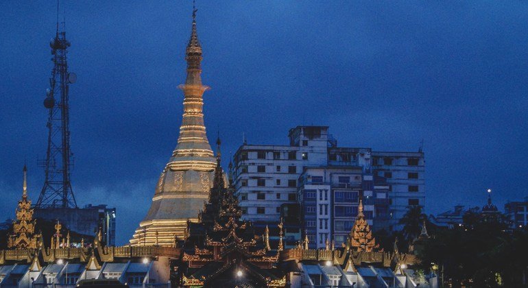 A pagoda at dawn in downtown Yangon, the commercial hub of Myanmar.